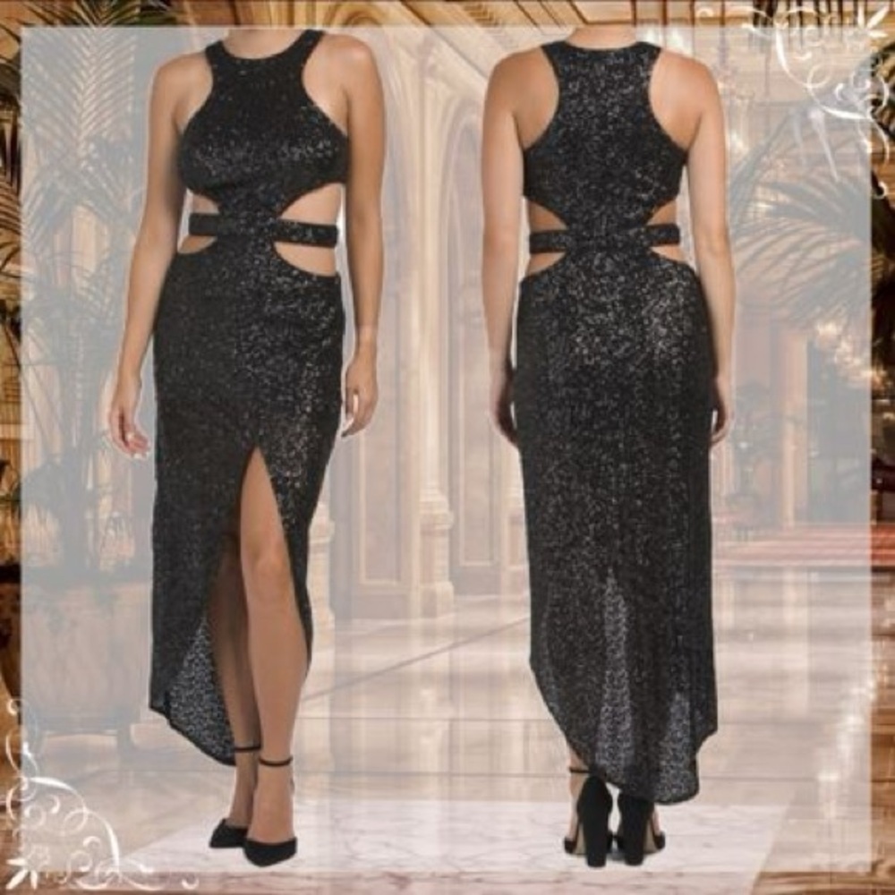 SHO by Tadashi Shoji New Size XL Black Cut Out‎ Sparkling Sequins Halter Gown
